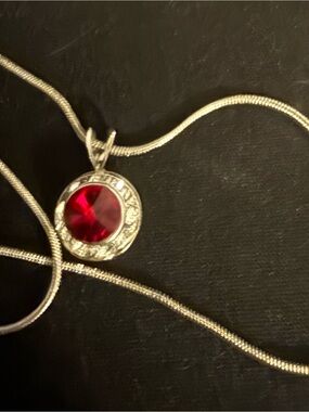 Silver Necklace with Red Crystal Pendant - Elegant Women's Jewelry
